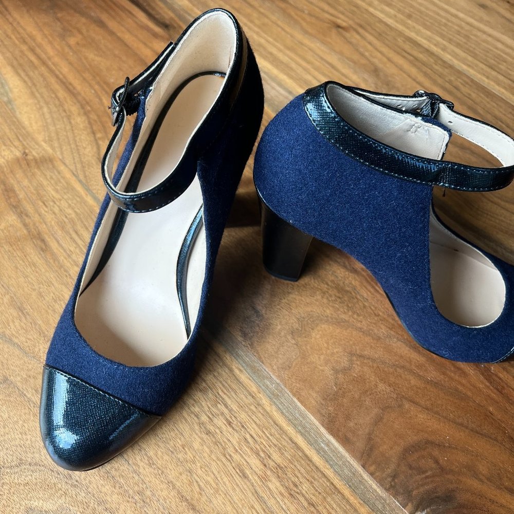 NIB Nine West Patsyo Cap toe Blue & Black Pump w/ankle strap